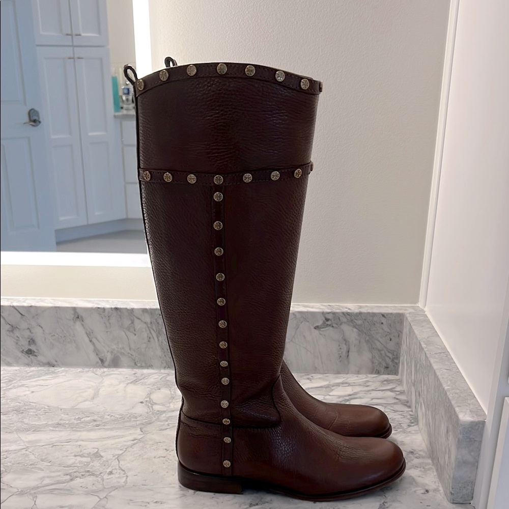 Tory Burch Brown Leather Knee-High Boots with Stud Accents